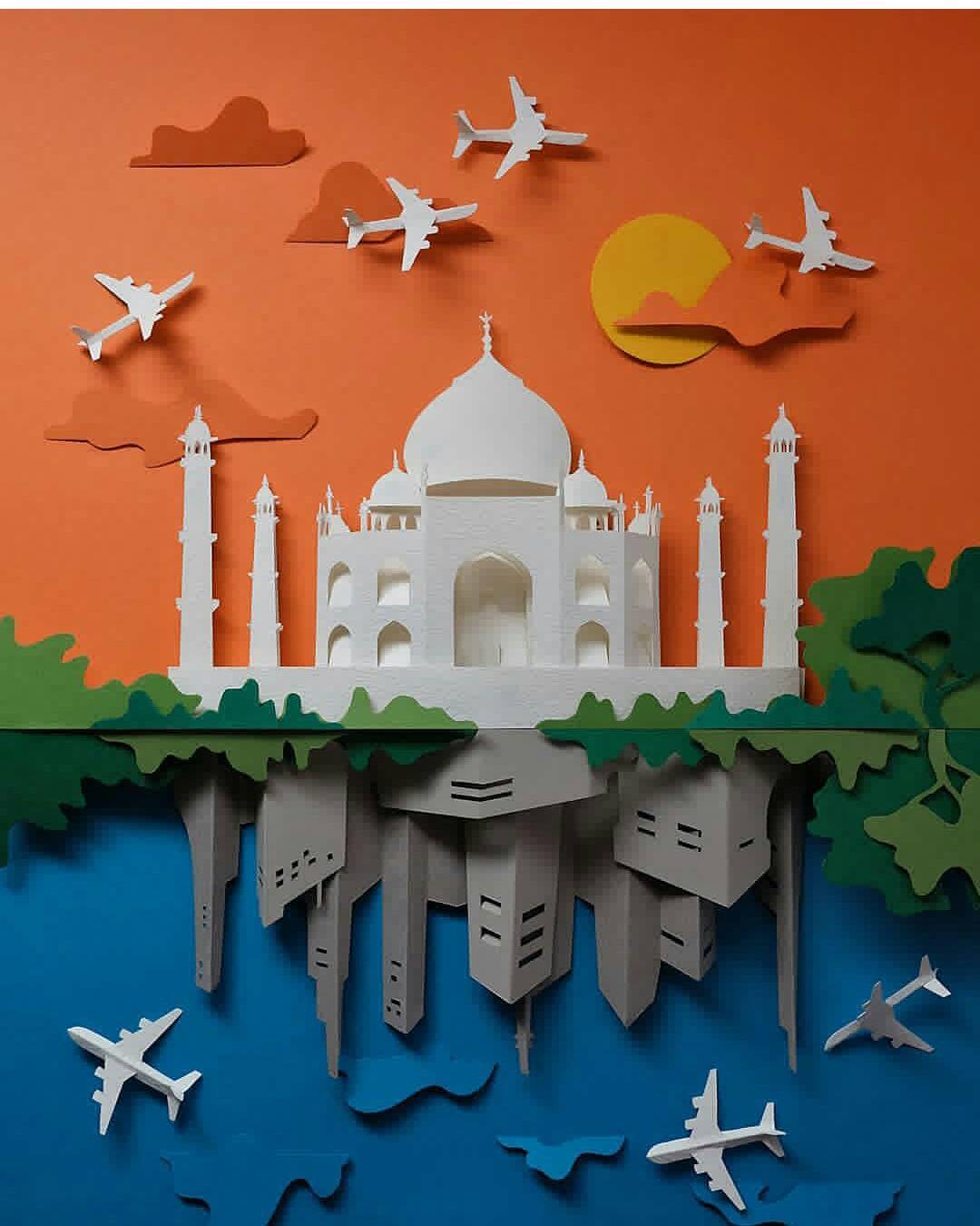 By @battery_full .
.
.
.
#art#papercutting#tajmahal#India#islamicart#planes#artn…