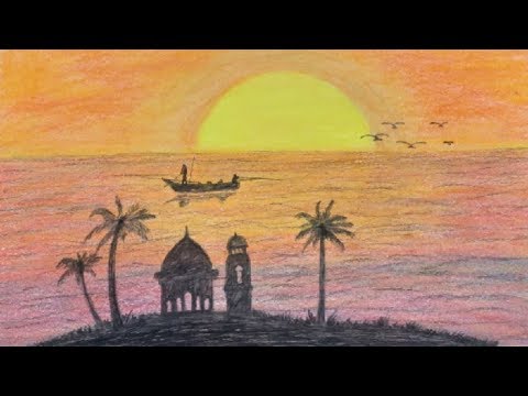 Download Video Cara menggambar pemandangan alam mudah sunset nuansa laut menggunakan crayon | Gambar pemandangan